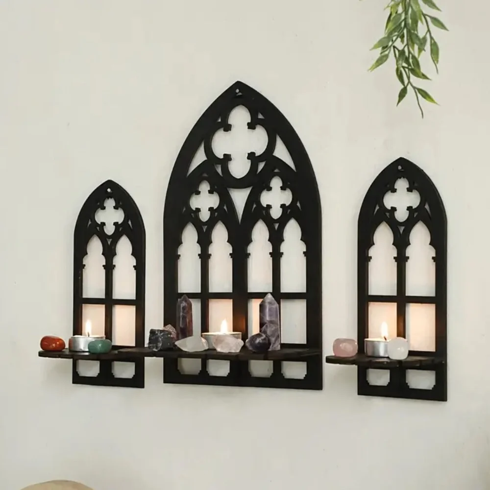 NEW! Set of 3 Wooden Classic Gothic Cathedral Wall Shelves in Black!